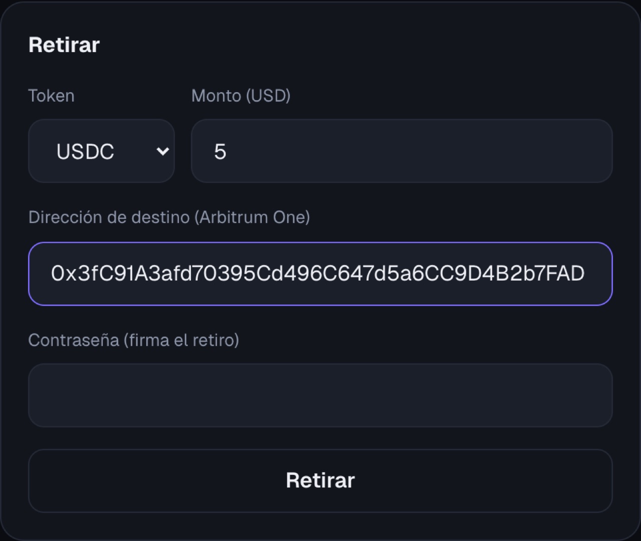 Formulario de retiro con token, monto y dirección